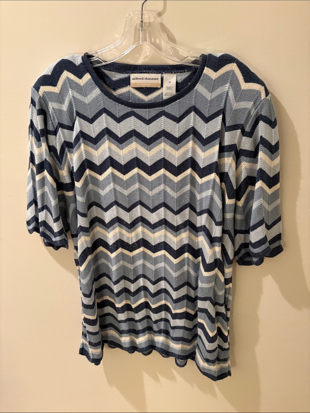 Alfred Dunner Navy and Light Blue Chevron Short Sleeve Top